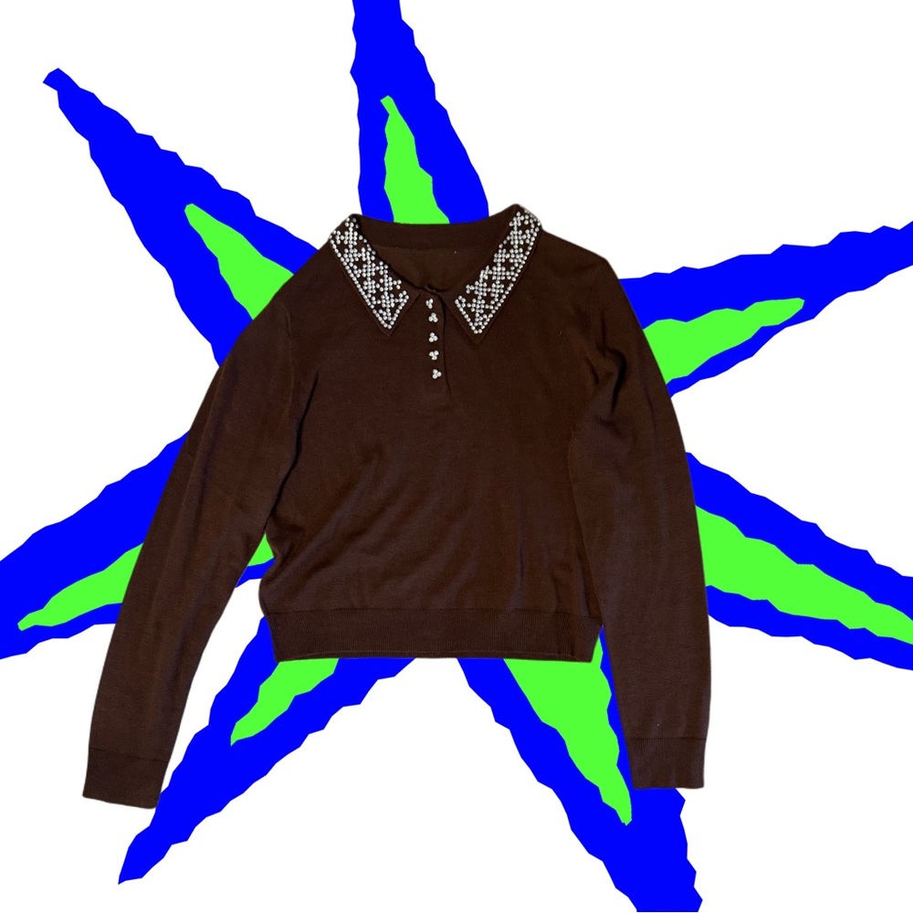 Brown Sweater with Embellished Collar